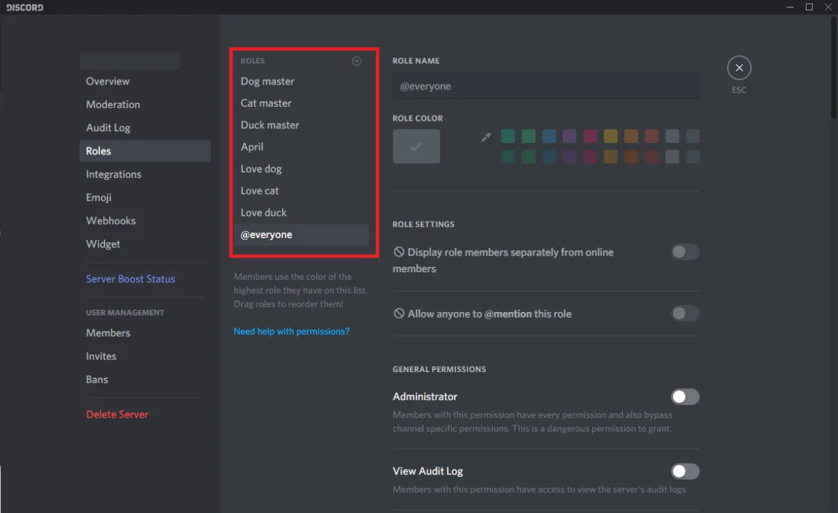 Discord roles page